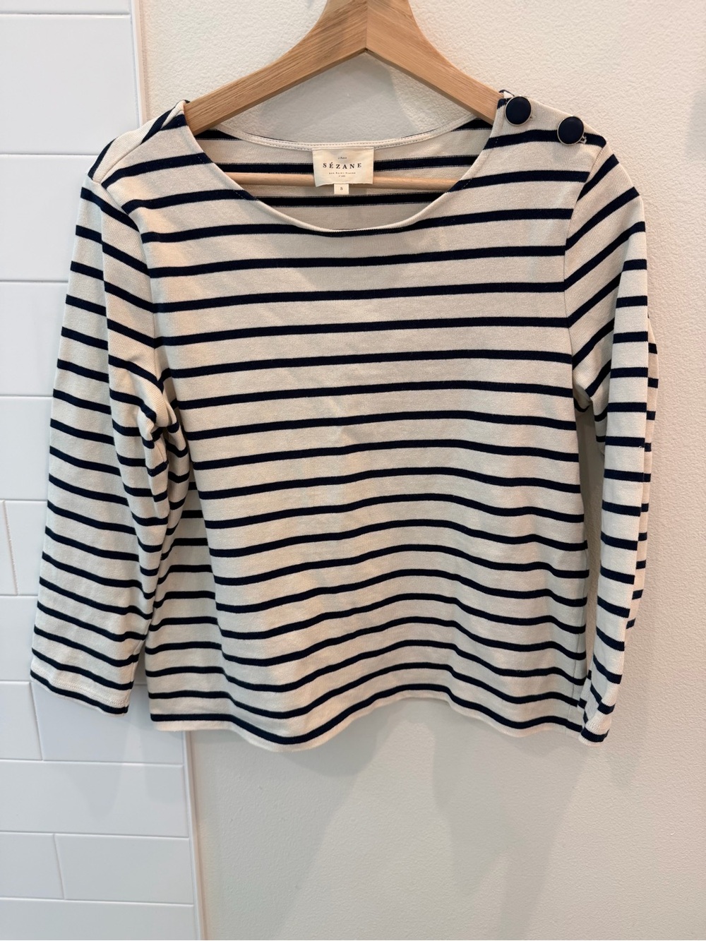 Sezane COLETTE MARINIÈRE Top in Ecru and Navy Stripes - Picture 1 of 10